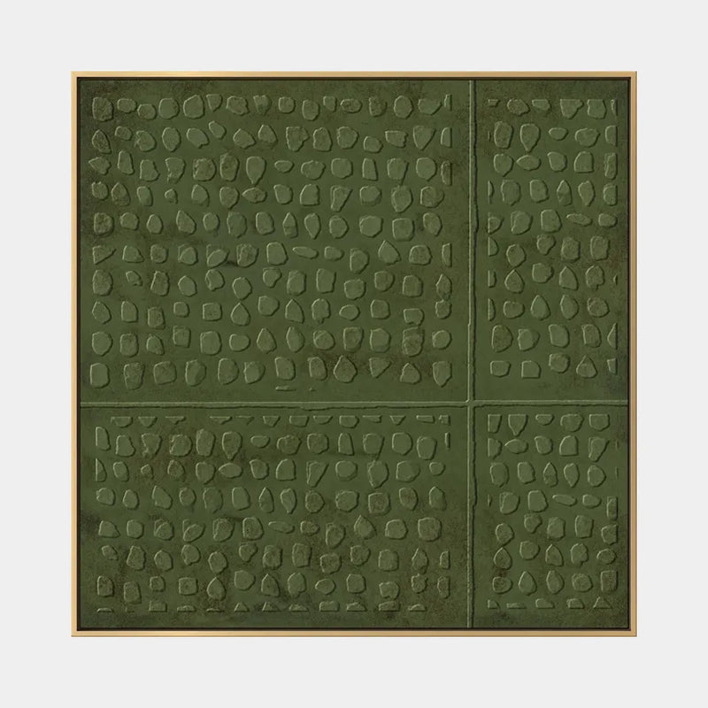 Pittura a olio astratta e concettuale Wabi-Sabi con segni astratti stratificati, consistenza e movimento pittorico espressivo in una tavolozza verde.
