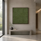 Wabi-Sabi abstract oil painting showing layered abstract marks, texture and expressive painterly movement in a green palette.