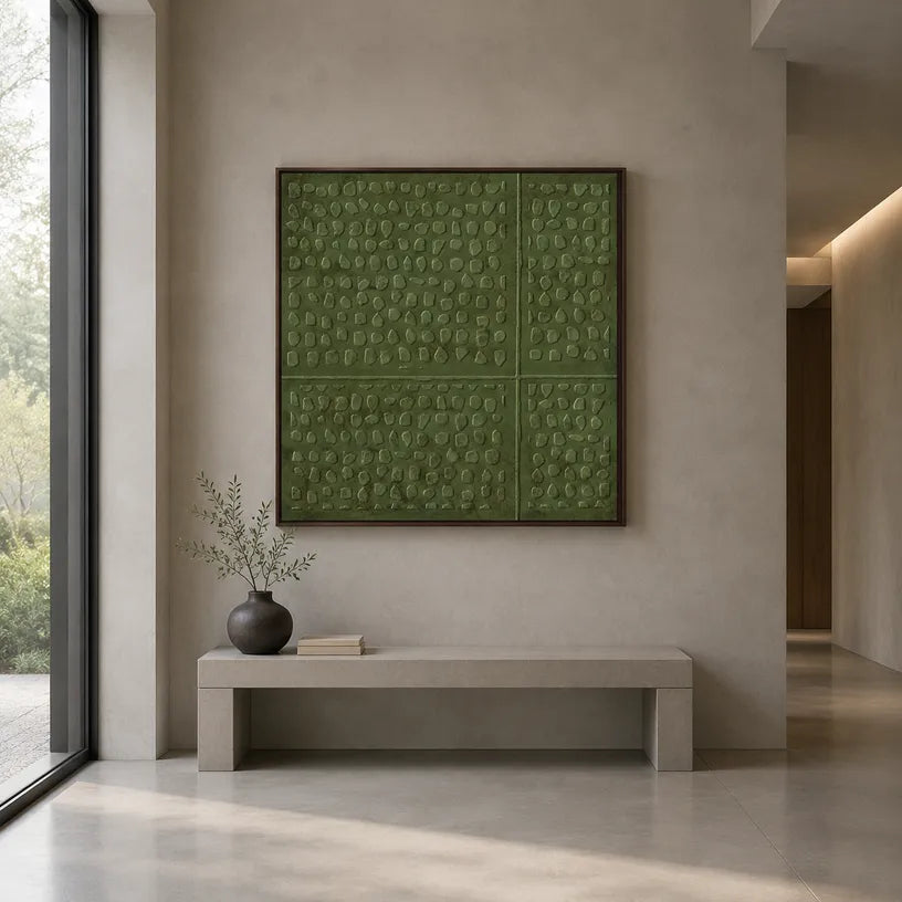 Wabi-Sabi abstract oil painting showing layered abstract marks, texture and expressive painterly movement in a green palette.