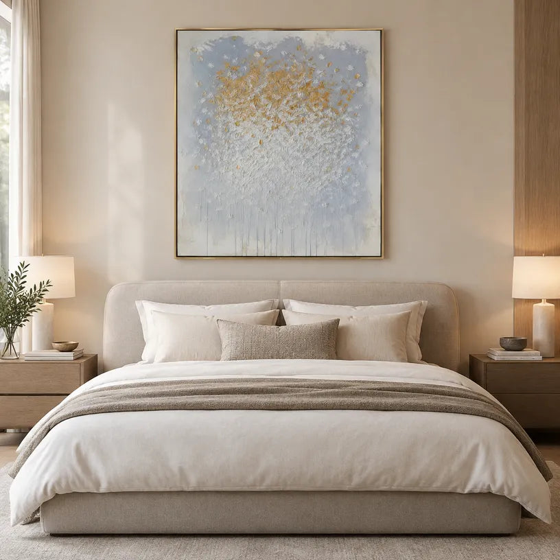 Wabi-Sabi abstract oil painting showing layered abstract marks, texture and expressive painterly movement in a grey palette.