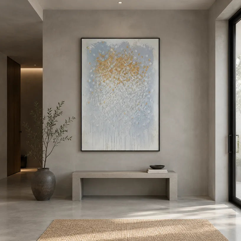 Wabi-Sabi abstract oil painting showing layered abstract marks, texture and expressive painterly movement in a grey palette.