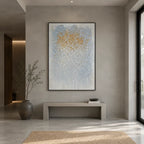 Wabi-Sabi abstract oil painting showing layered abstract marks, texture and expressive painterly movement in a grey palette.
