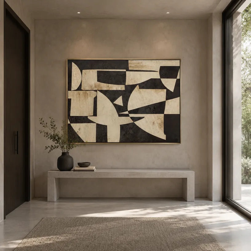 Wabi-Sabi abstract oil painting showing layered abstract marks, texture and expressive painterly movement in a brown palette.