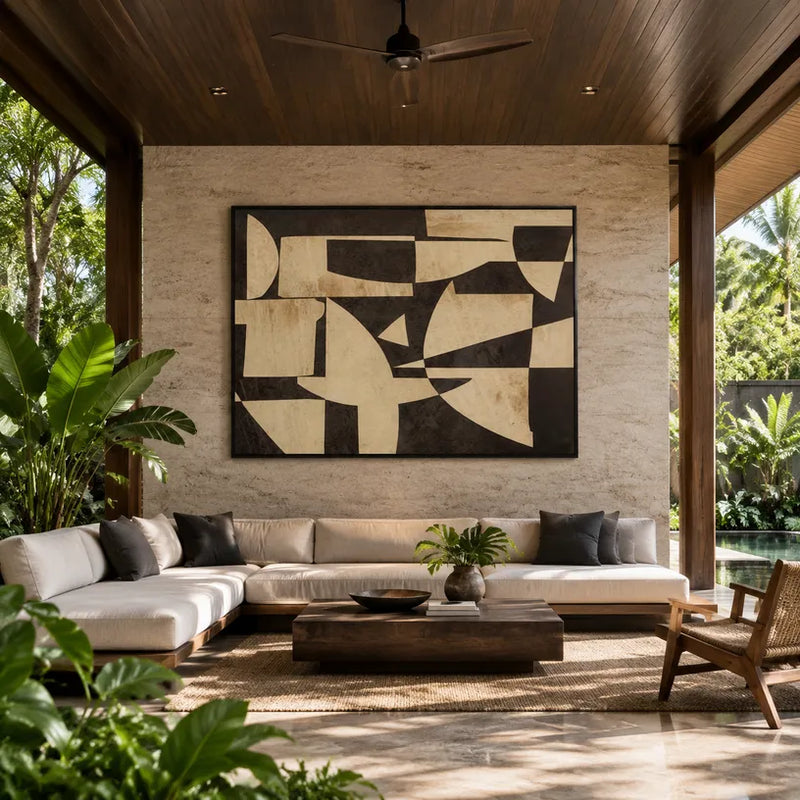 Pintura al óleo abstracta y conceptual Wabi-Sabi que presenta marcas abstractas en capas, textura y movimiento pictórico expresivo.