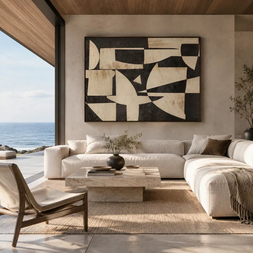 Wabi-Sabi abstract oil painting showing layered abstract marks, texture and expressive painterly movement in a brown palette.