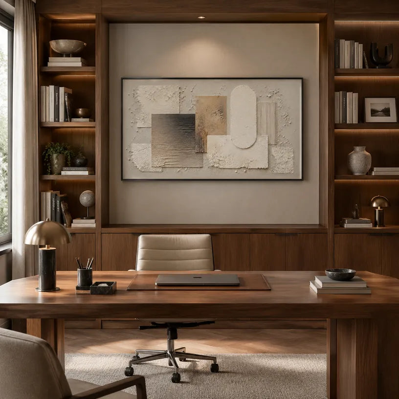 Wabi-Sabi abstract oil painting showing layered abstract marks, texture and expressive painterly movement in a brown palette.