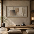 Wabi-Sabi abstract oil painting showing layered abstract marks, texture and expressive painterly movement in a brown palette.