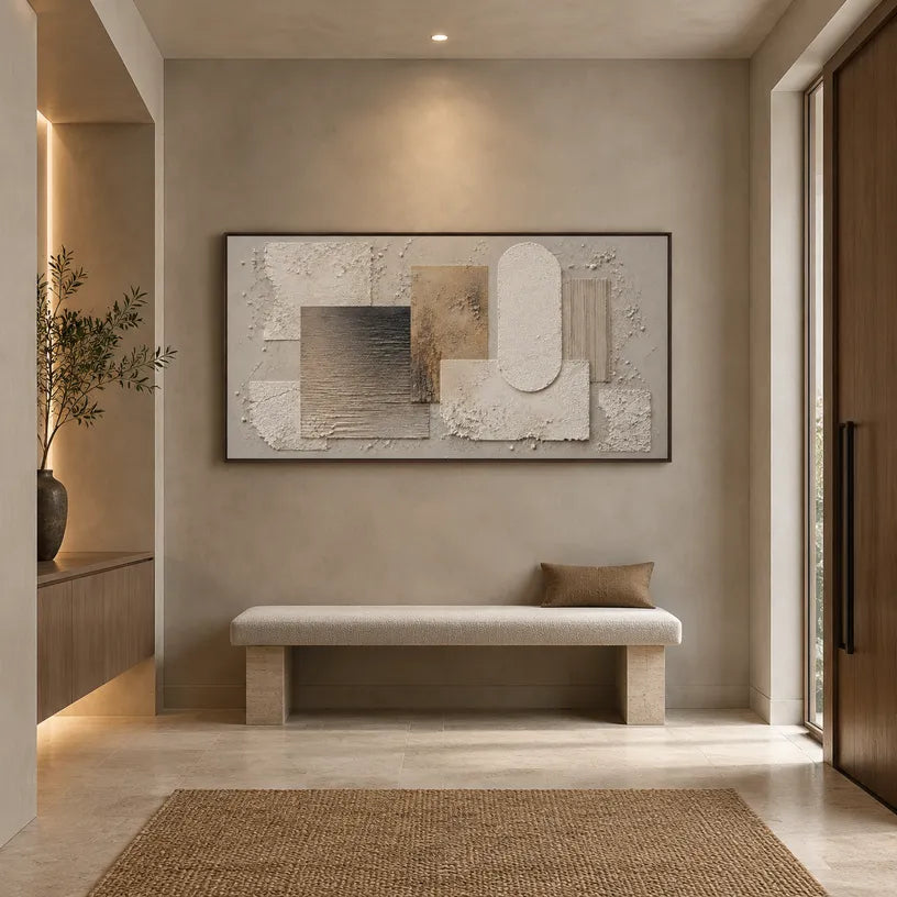 Wabi-Sabi abstract oil painting showing layered abstract marks, texture and expressive painterly movement in a brown palette.
