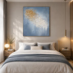 Wabi-Sabi abstract oil painting showing layered abstract marks, texture and expressive painterly movement in a blue palette.