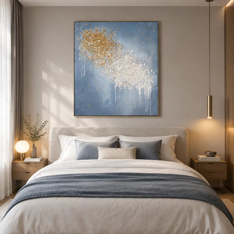 Wabi-Sabi abstract oil painting showing layered abstract marks, texture and expressive painterly movement in a blue palette.