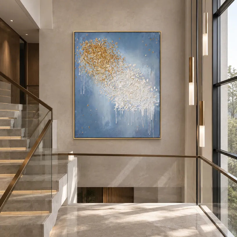 Wabi-Sabi abstract oil painting showing layered abstract marks, texture and expressive painterly movement in a blue palette.