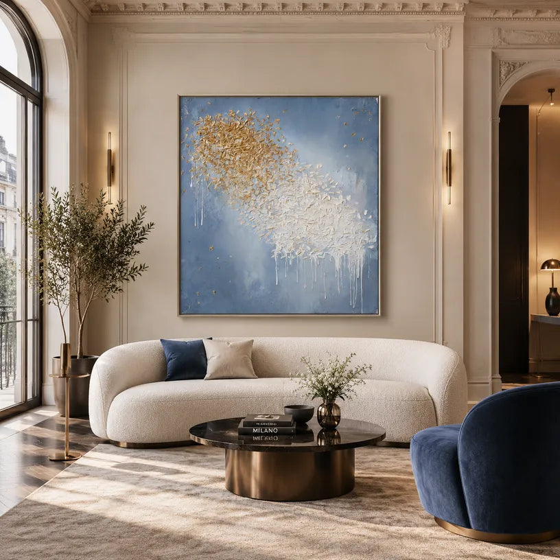 Wabi-Sabi abstract oil painting showing layered abstract marks, texture and expressive painterly movement in a blue palette.