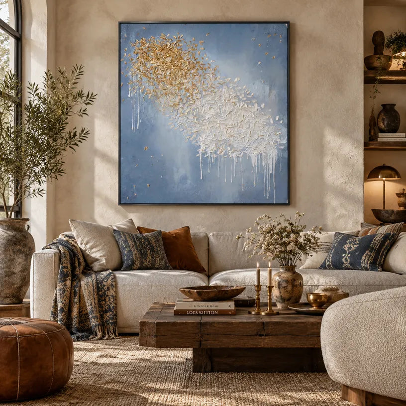 Wabi-Sabi abstract oil painting showing layered abstract marks, texture and expressive painterly movement in a blue palette.
