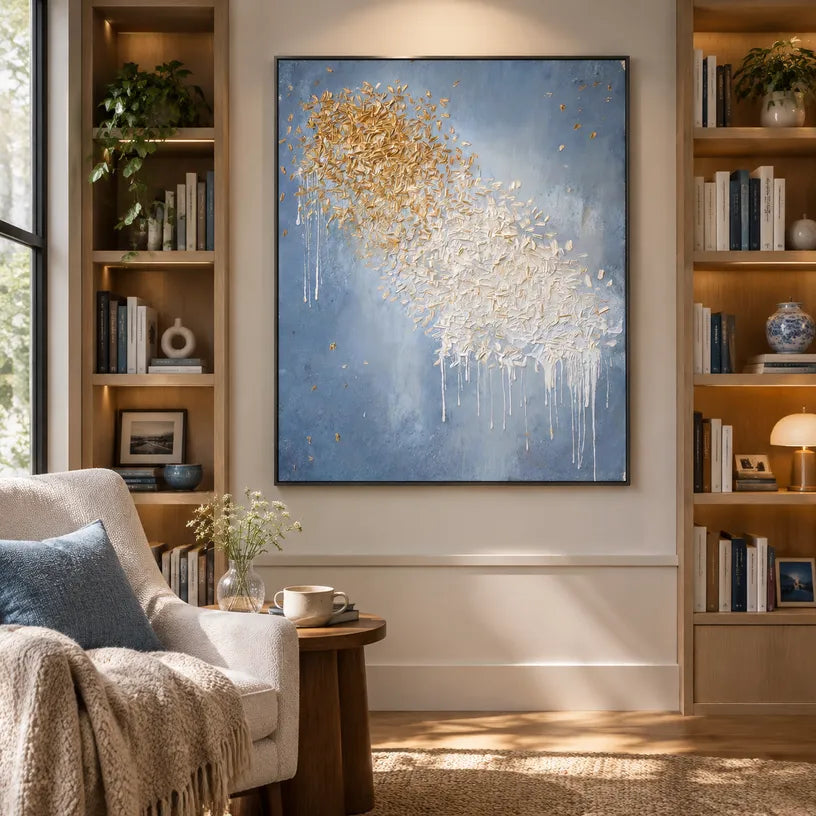 Wabi-Sabi abstract oil painting showing layered abstract marks, texture and expressive painterly movement in a blue palette.