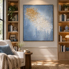 Wabi-Sabi abstract oil painting showing layered abstract marks, texture and expressive painterly movement in a blue palette.