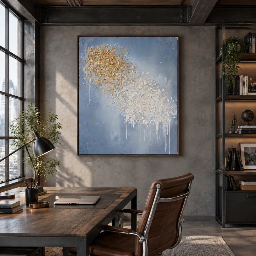 Wabi-Sabi abstract oil painting showing layered abstract marks, texture and expressive painterly movement in a blue palette.