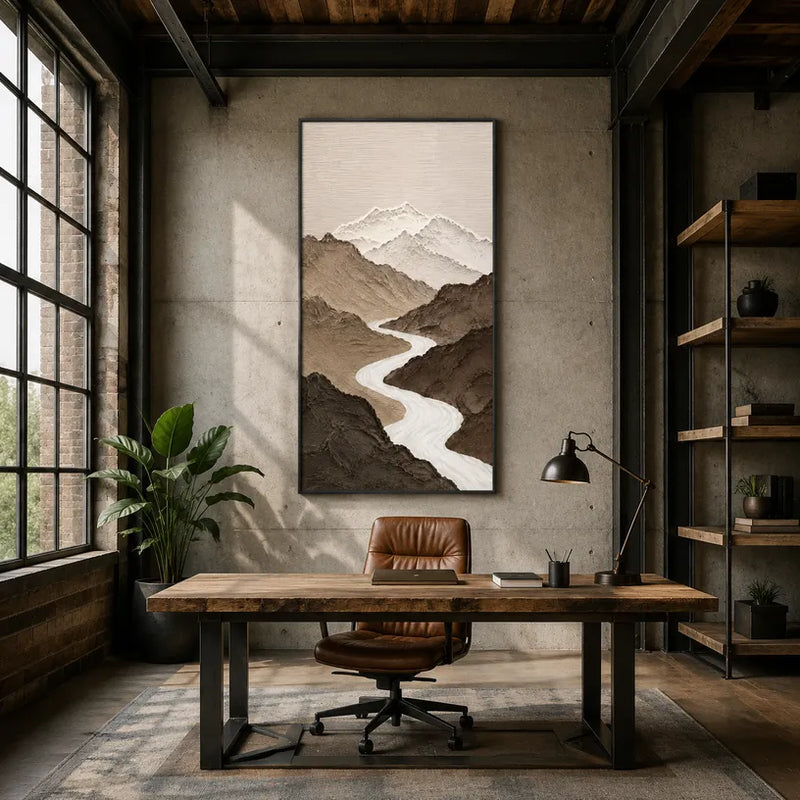 Peinture à l'huile de paysages, de marines et de paysages urbains Wabi-Sabi présentant un paysage atmosphérique, un paysage marin ou une composition inspirée de la ville dans une palette beige.
