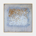 Pittura a olio astratta e concettuale Wabi-Sabi con segni astratti stratificati, consistenza e movimento pittorico espressivo in una tavolozza blu.