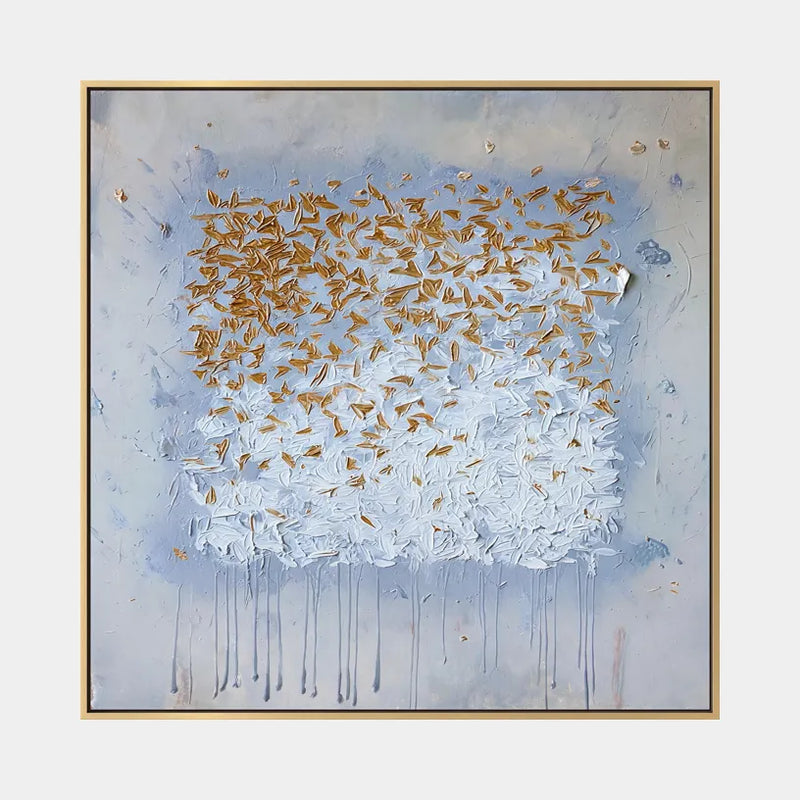 Pittura a olio astratta e concettuale Wabi-Sabi con segni astratti stratificati, consistenza e movimento pittorico espressivo in una tavolozza blu.