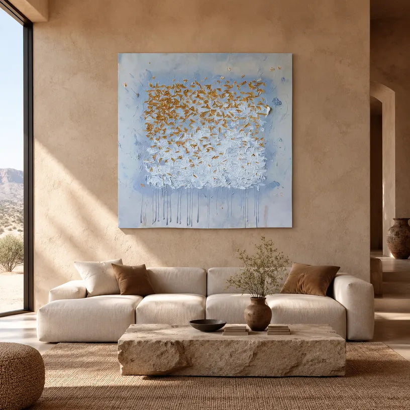 Wabi-Sabi abstract oil painting showing layered abstract marks, texture and expressive painterly movement in a grey palette.