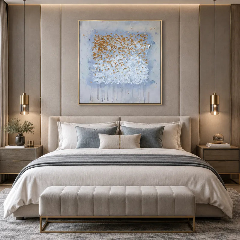 Pittura a olio astratta e concettuale Wabi-Sabi con segni astratti stratificati, consistenza e movimento pittorico espressivo in una tavolozza blu.