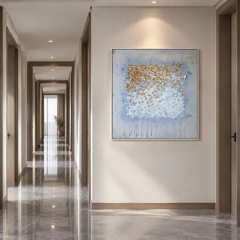 Wabi-Sabi abstract oil painting showing layered abstract marks, texture and expressive painterly movement in a grey palette.