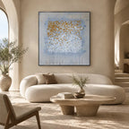 Wabi-Sabi abstract oil painting showing layered abstract marks, texture and expressive painterly movement in a grey palette.