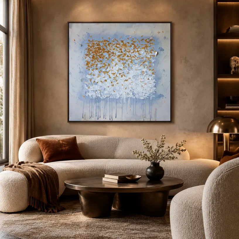 Wabi-Sabi abstract oil painting showing layered abstract marks, texture and expressive painterly movement in a grey palette.