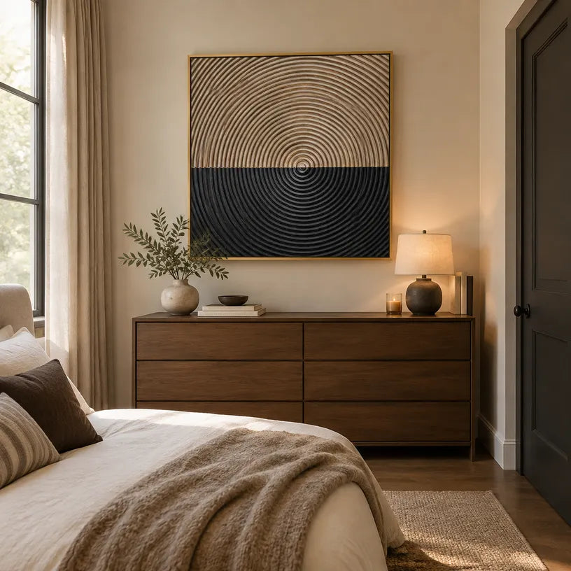 Wabi-Sabi abstract oil painting showing layered abstract marks, texture and expressive painterly movement in a brown palette.
