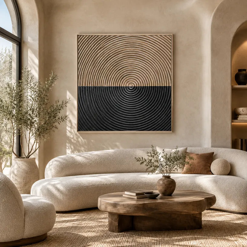 Wabi-Sabi abstract oil painting showing layered abstract marks, texture and expressive painterly movement in a brown palette.