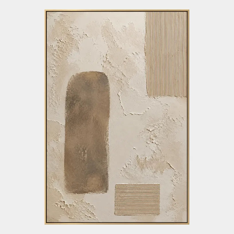 Wabi-Sabi abstract oil painting showing layered abstract marks, texture and expressive painterly movement in a beige palette.