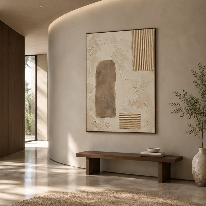 Wabi-Sabi abstract oil painting showing layered abstract marks, texture and expressive painterly movement in a beige palette.