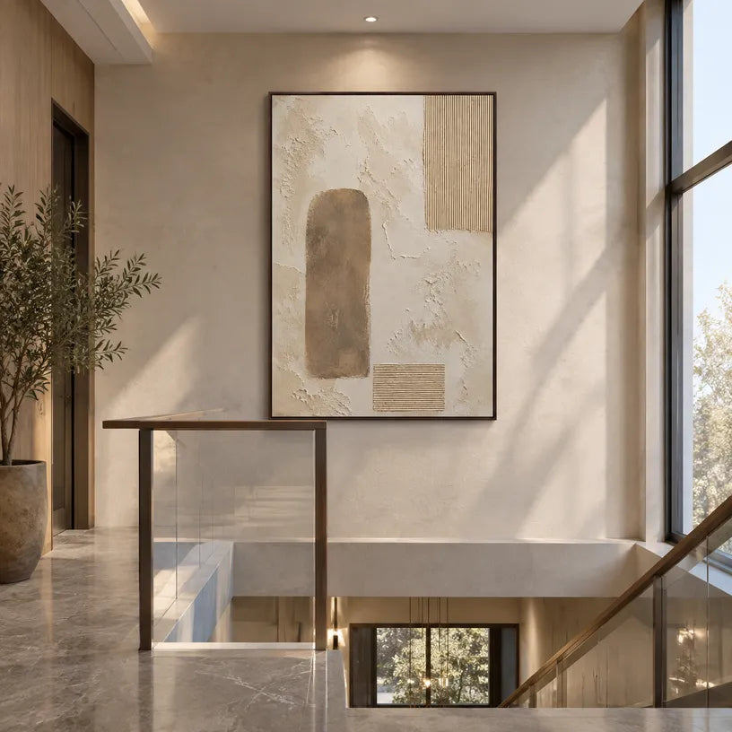 Wabi-Sabi abstract oil painting showing layered abstract marks, texture and expressive painterly movement in a beige palette.