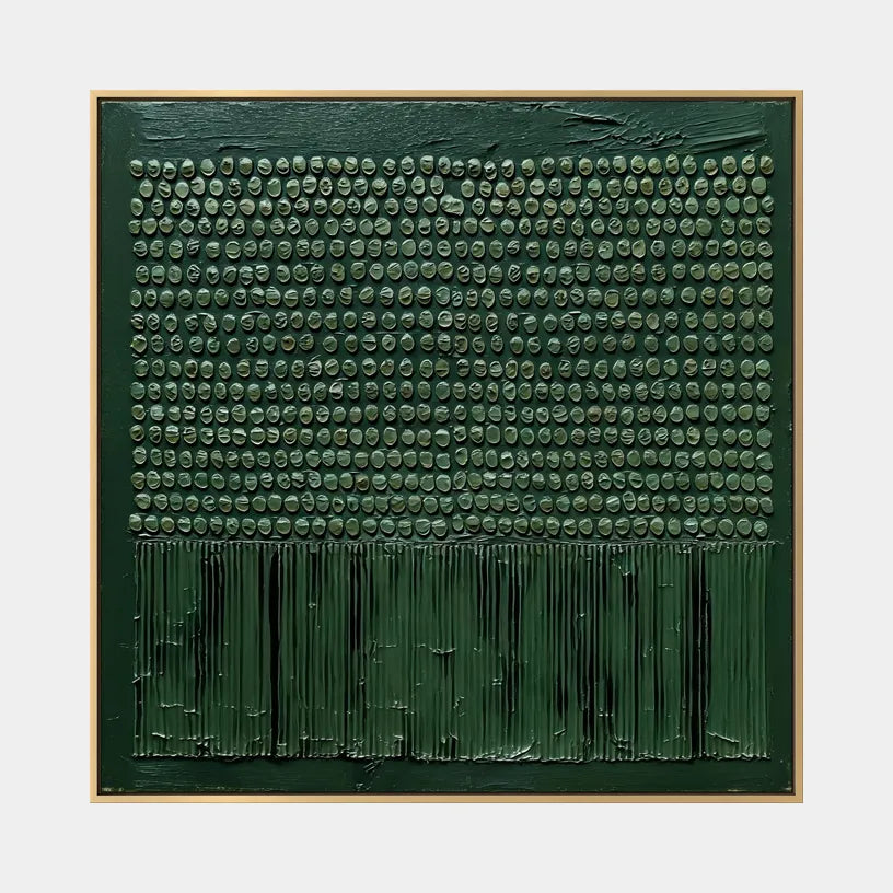 Wabi-Sabi abstract oil painting showing layered abstract marks, texture and expressive painterly movement in a green palette.