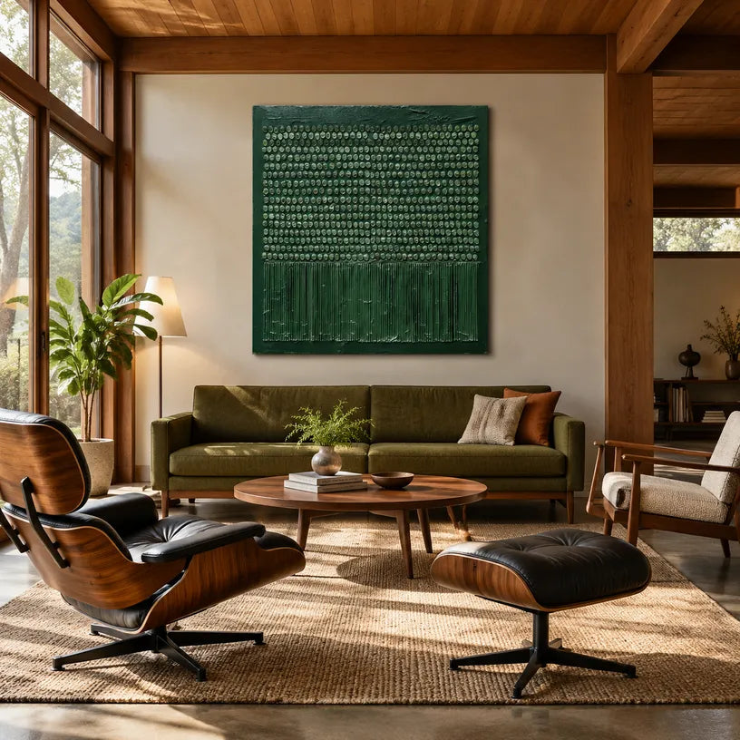 Wabi-Sabi abstract oil painting showing layered abstract marks, texture and expressive painterly movement in a green palette.