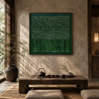 Wabi-Sabi abstract oil painting showing layered abstract marks, texture and expressive painterly movement in a green palette.