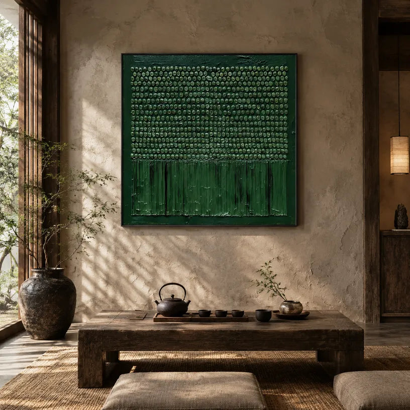 Wabi-Sabi abstract oil painting showing layered abstract marks, texture and expressive painterly movement in a green palette.