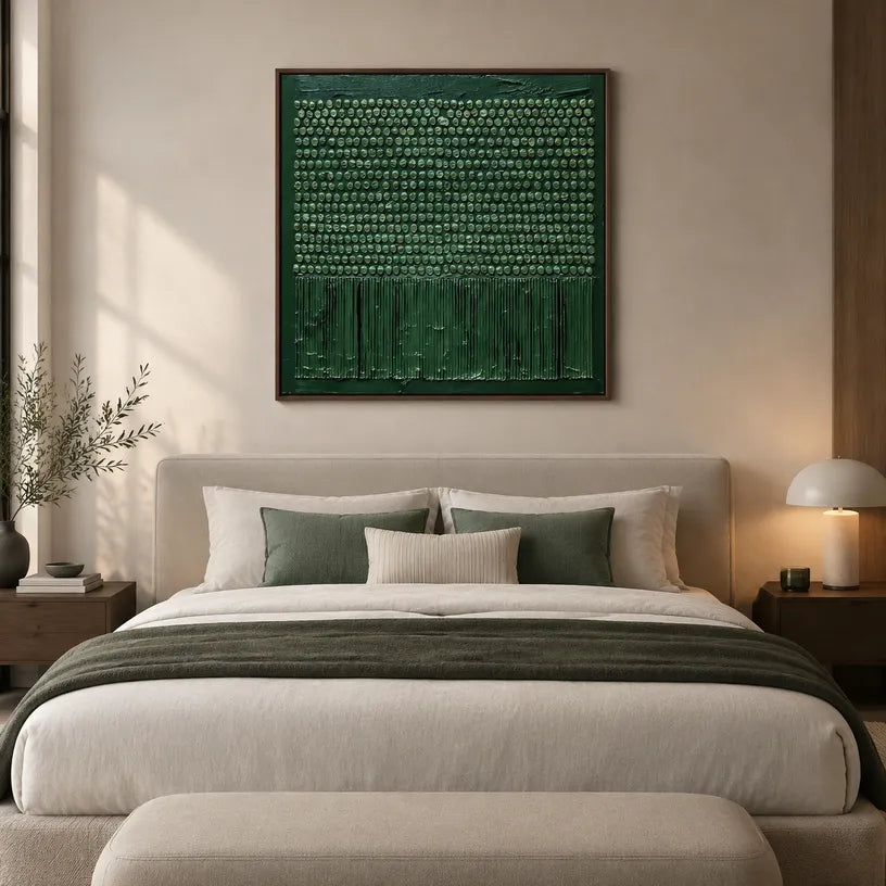 Wabi-Sabi abstract oil painting showing layered abstract marks, texture and expressive painterly movement in a green palette.