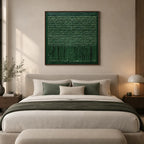 Wabi-Sabi abstract oil painting showing layered abstract marks, texture and expressive painterly movement in a green palette.