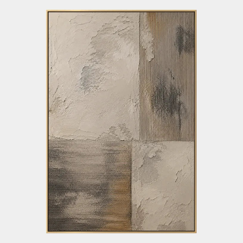 Wabi-Sabi abstract oil painting showing layered abstract marks, texture and expressive painterly movement in a brown palette.