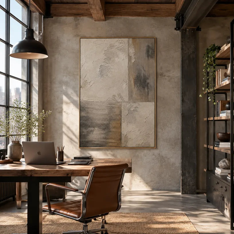 Wabi-Sabi abstract oil painting showing layered abstract marks, texture and expressive painterly movement in a brown palette.