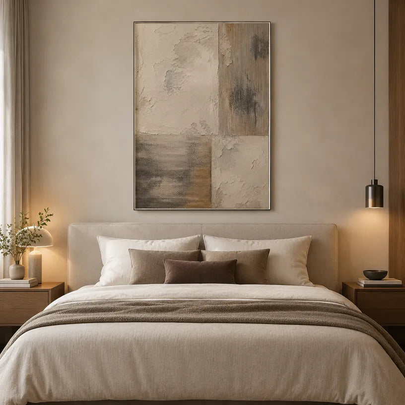 Wabi-Sabi abstract oil painting showing layered abstract marks, texture and expressive painterly movement in a brown palette.