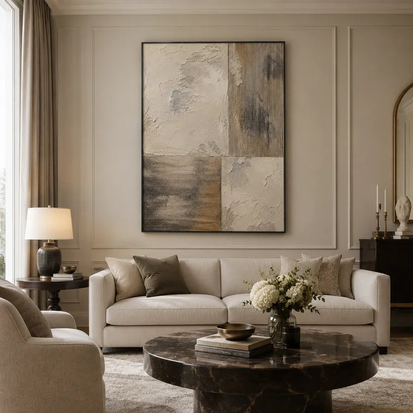 Wabi-Sabi abstract oil painting showing layered abstract marks, texture and expressive painterly movement in a brown palette.
