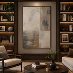 Wabi-Sabi abstract oil painting showing layered abstract marks, texture and expressive painterly movement in a brown palette.