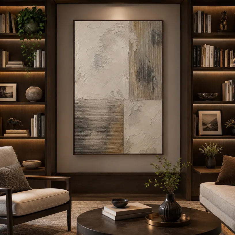 Wabi-Sabi abstract oil painting showing layered abstract marks, texture and expressive painterly movement in a brown palette.