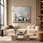 Wabi-Sabi abstract oil painting showing layered abstract marks, texture and expressive painterly movement in a grey palette.