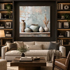 Wabi-Sabi abstract oil painting showing layered abstract marks, texture and expressive painterly movement in a grey palette.