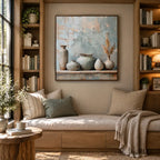 Wabi-Sabi abstract oil painting showing layered abstract marks, texture and expressive painterly movement in a grey palette.
