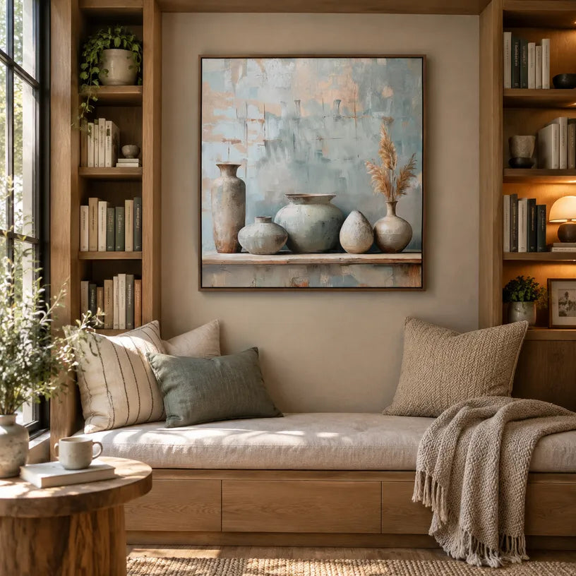 Wabi-Sabi abstract oil painting showing layered abstract marks, texture and expressive painterly movement in a grey palette.