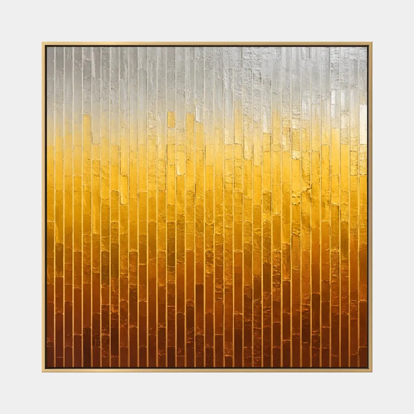 Wabi-Sabi abstract oil painting showing layered abstract marks, texture and expressive painterly movement in a yellow palette.